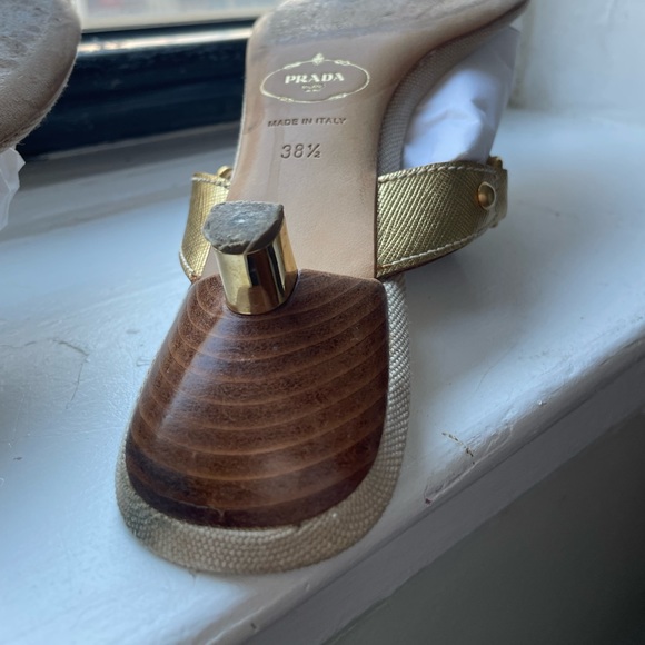 AUTHENTIC PRADA Gold Canapa + Saffiano Logo Heeled Sandals - Picture 6 of 10